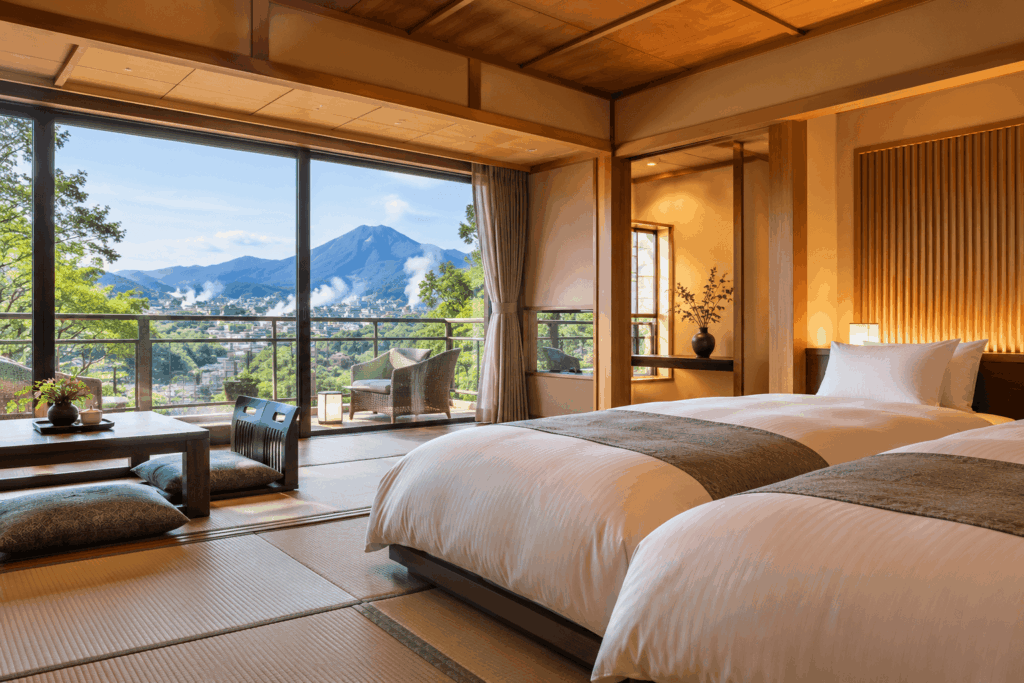 山々を望む和モダンな温泉旅館の客室イメージ