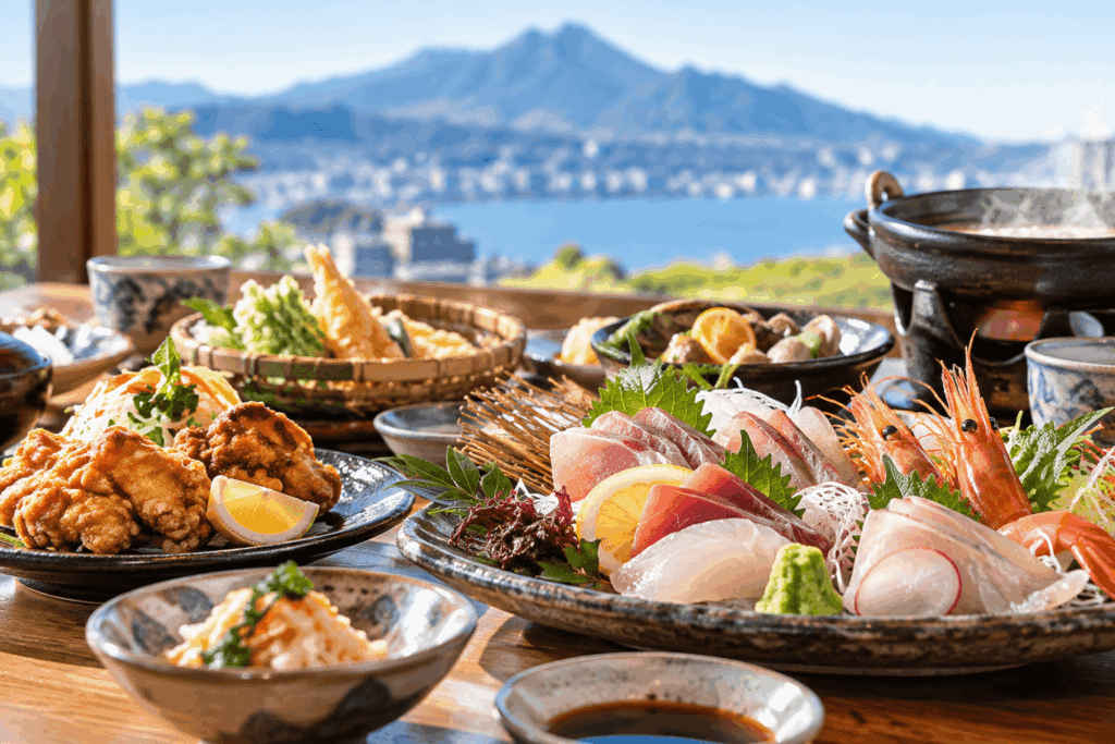 大分の海鮮料理やとり天が並ぶ飲食店の食事イメージ